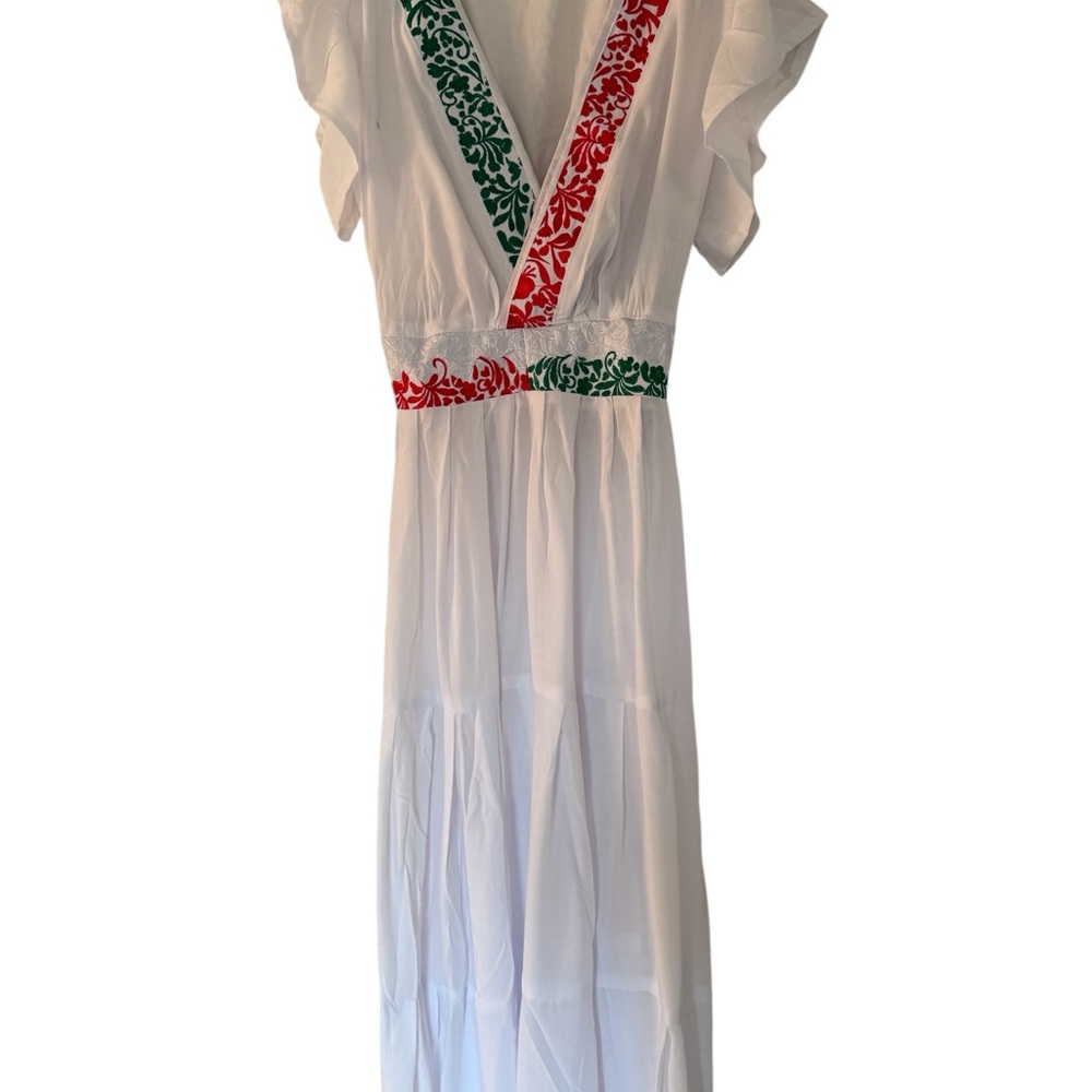 Handcrafted Mexican White Dress, Medium Size with Red & Green Embroidery,